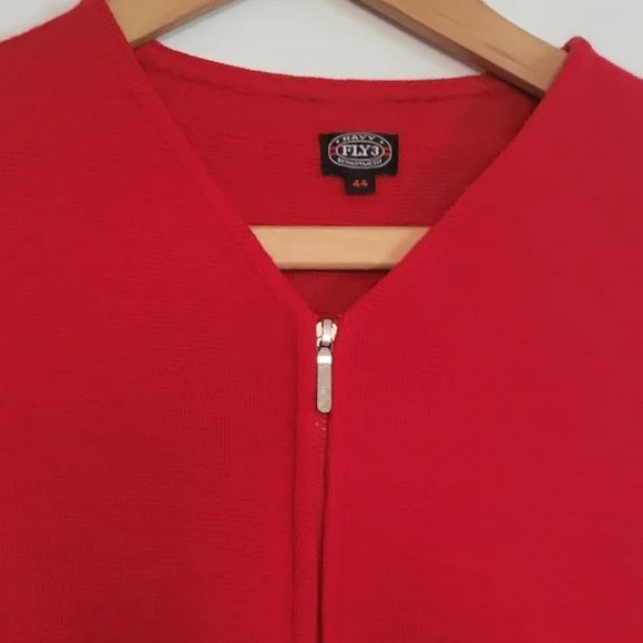 Fly3 Navy Department Red 100% Wool Sweater Jumper Full Zip VNeck Winter Academia
